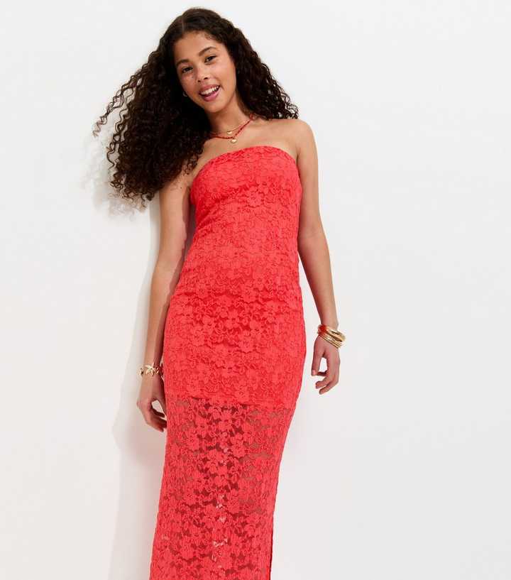 Girls Light Coral Lace Bandeau Maxi Dress