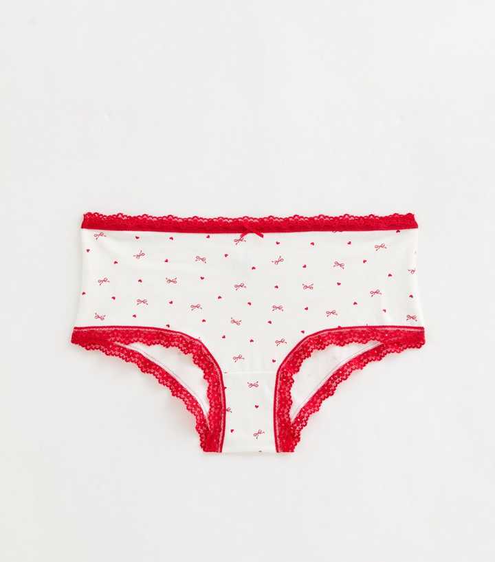 Girls White and Red Bow and Heart Patterned Lace Trim Briefs