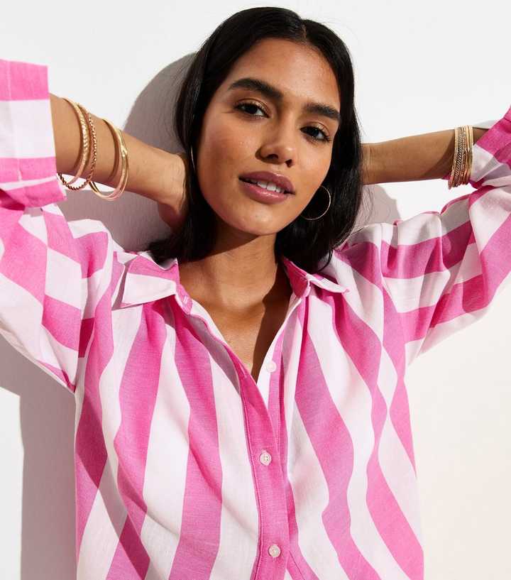 Bright Pink Bold Stripe Beach Shirt