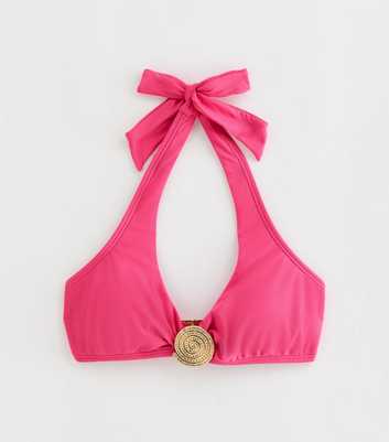 Bright Pink Gold Tone Halter Bikini Top