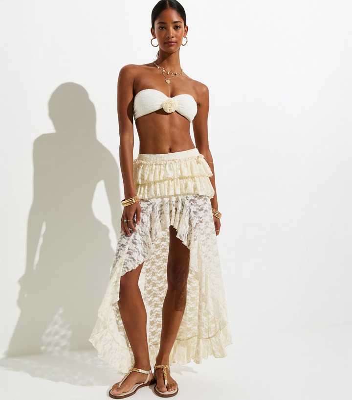 White Ruffled Lace Dipped Hem Skirt