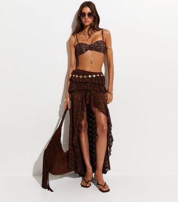 Brown Ruffled Lace Dipped Hem Skirt | New Look