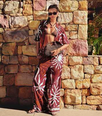 Brown Sun Print Beach Short Sleeve Shirt