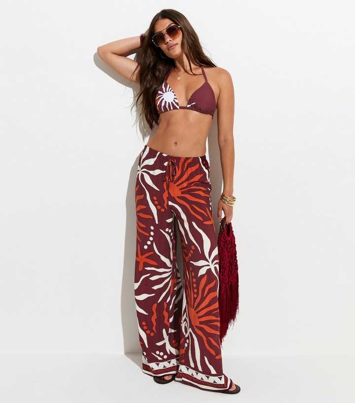 Brown Sun Print Beach Wide Leg Trousers