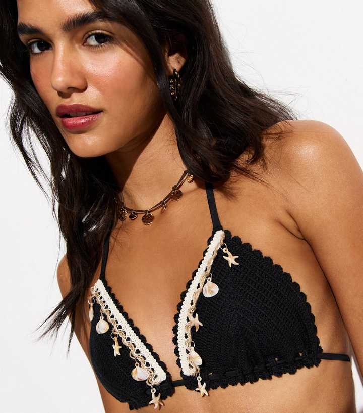 Black Crochet Shell Charm Triangle Bikini Top