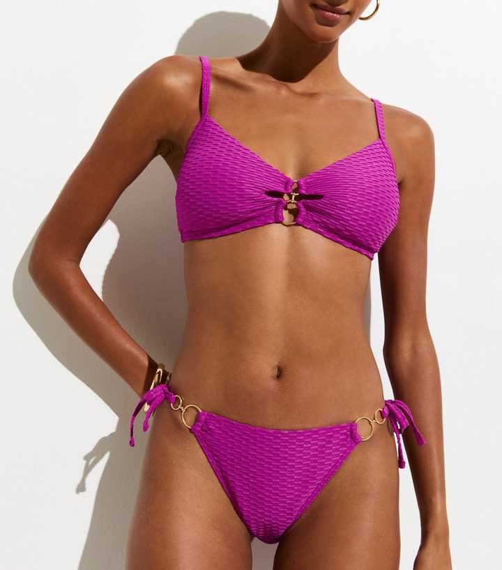 Purple Textured Ring Detail Tie Side Bikini Bottoms