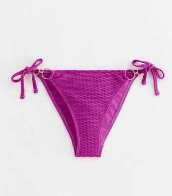 Purple Textured Ring Detail Tie Side Bikini Bottoms