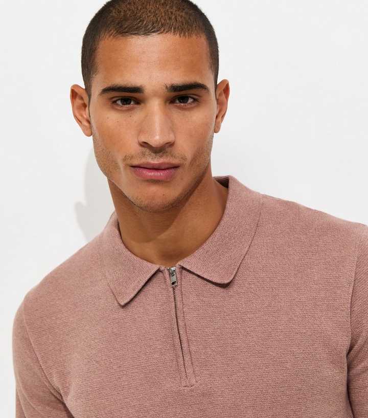 Jack & Jones Light Pink Knitted Zip Front Polo Shirt