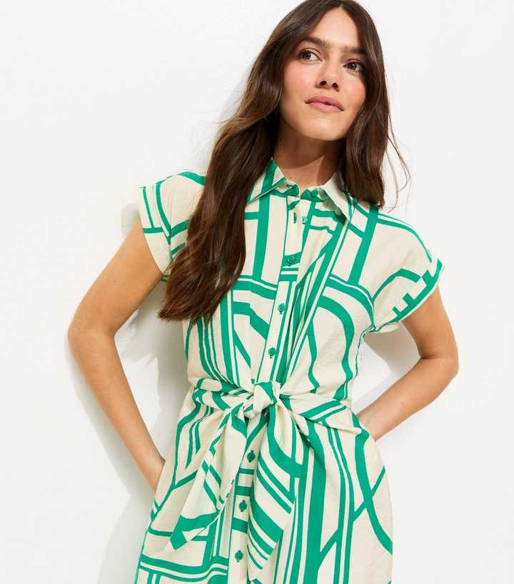 Petite Green Geometric Print Twist Front Midi Shirt Dress | New Look Petite Green Geometric Print Twist Front Midi Shirt Dress | New Look
