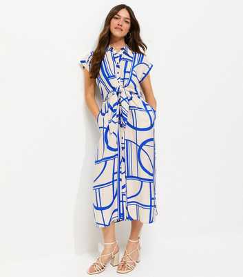 Petite Blue Geometric Print Twist Front Midi Shirt Dress