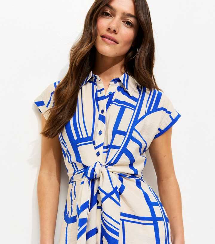 Petite Blue Geometric Print Twist Front Midi Shirt Dress | New Look