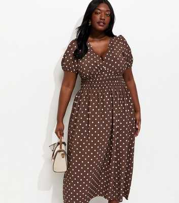 Curves Brown Spot Print Ruched Waist V-Neck Midi Dress