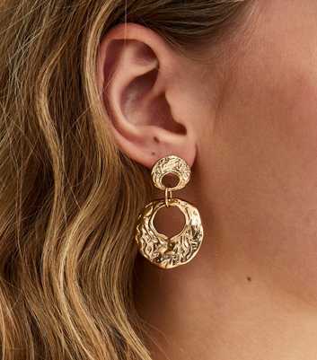 Gold Tone Beaten Circle Drop Earrings