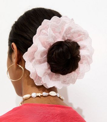 Pink Oversized Broderie Anglaise Frilly Scrunchie