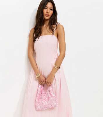 Light Pink Cotton Cami Strap Corset Ruched Hip Midi Dress