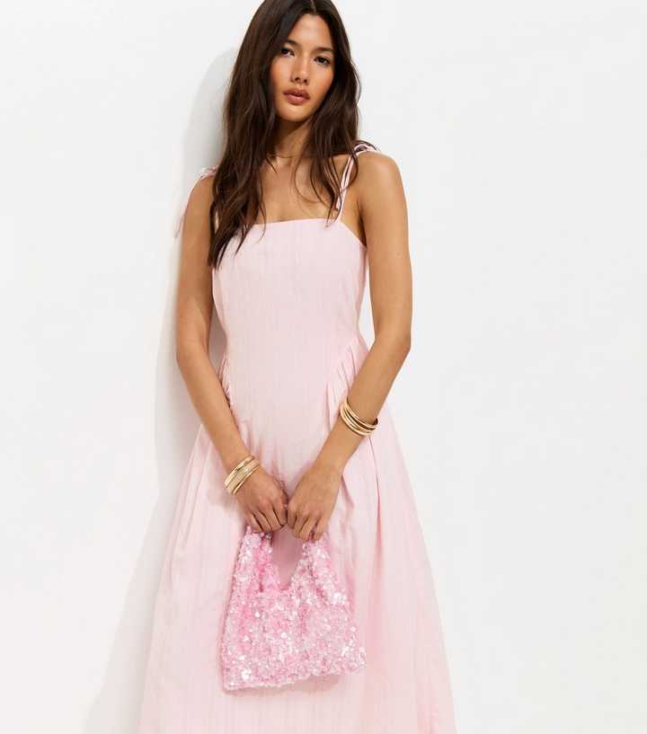 Light Pink Cotton Cami Strap Corset Ruched Hip Midi Dress