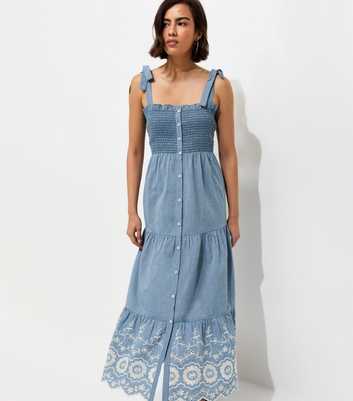 Blue Chambray Button Front Shirred Strappy Midi Dress