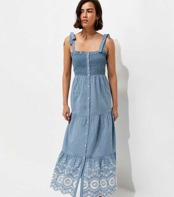 Blue Chambray Button Front Shirred Strappy Midi Dress
