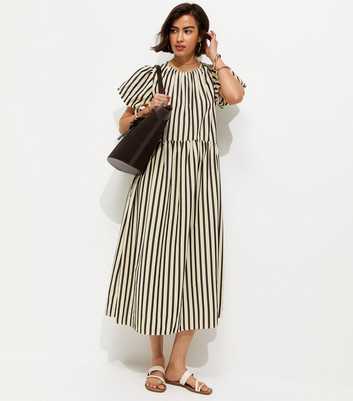 Black Striped Drop Waist Puff Sleeve Midi Dress