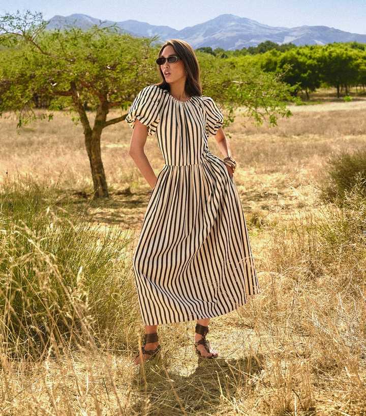 Black Striped Drop Waist Puff Sleeve Midi Dress | New Look