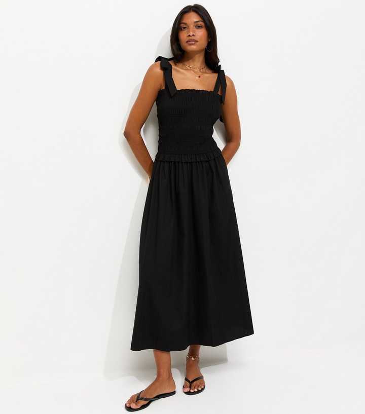 Black Cotton Shirred Tie Strap Midi Dress | New Look