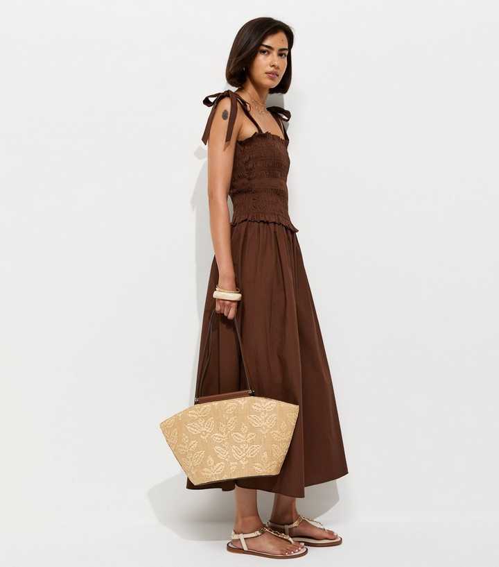 Dark Brown Cotton Shirred Tie Strap Midi Dress | New Look