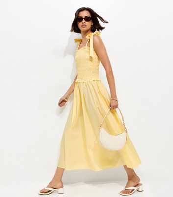 Light Yellow Cotton Shirred Tie Strap Midi Dress