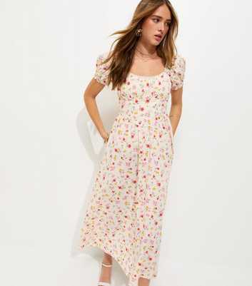 White Cotton Floral Ruched Midi Dress