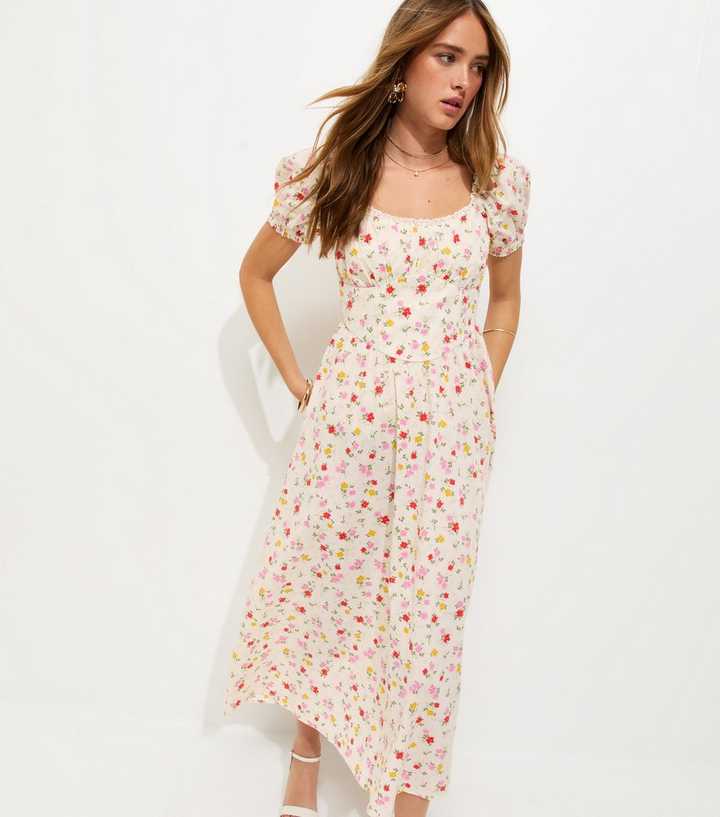 White Cotton Floral Ruched Midi Dress