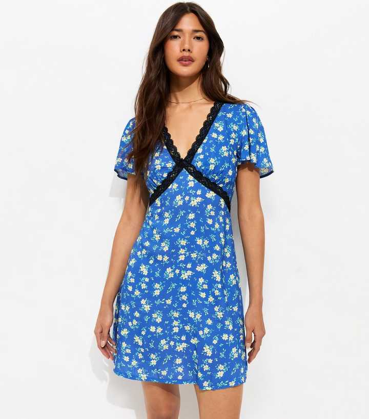 Blue Ditsy Lace V Neck Mini Dress