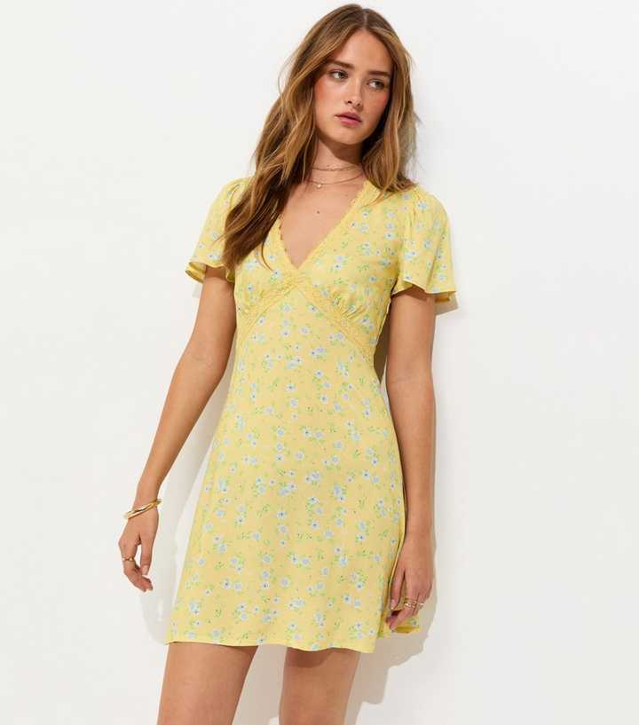 Light Yellow Ditsy Lace V Neck Mini Dress