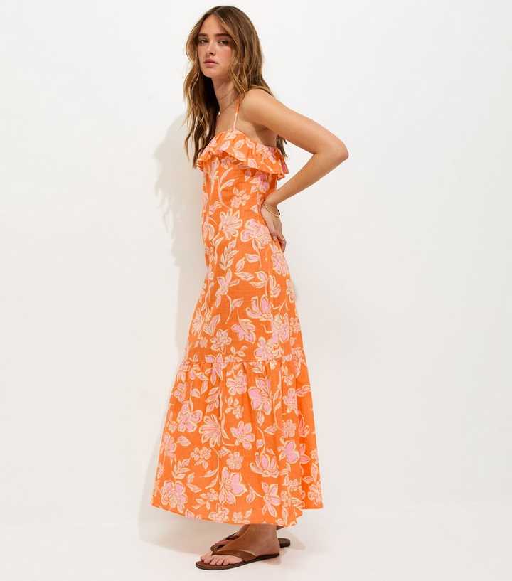 Orange Cotton Floral Pattern Strappy Ruffle Midi Dress