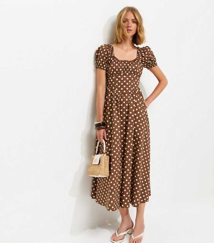 Brown Cotton Polka Dot Ruched Midi Dress