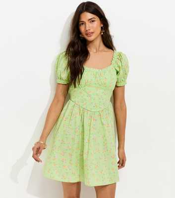 Light Green Cotton Floral Print Milkmaid Mini Dress