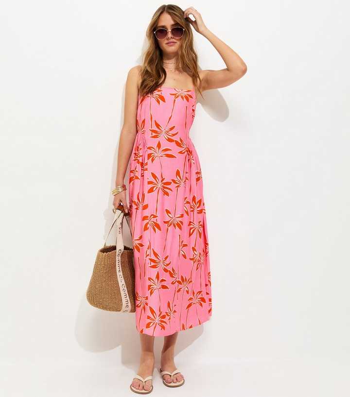 Pink Tropical Print Godet Panel Strappy Midi Dress