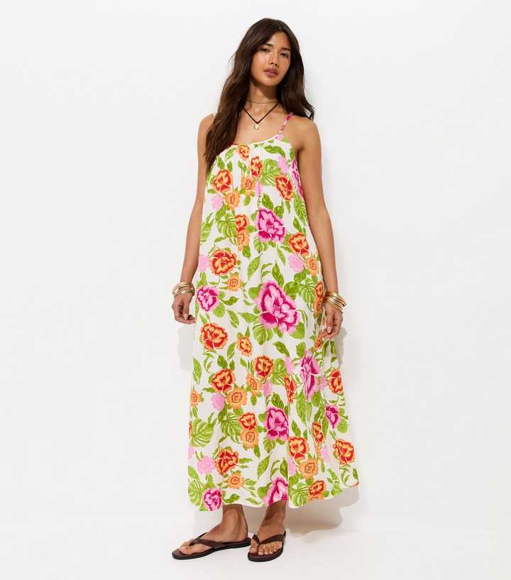 Cream Floral Print Maxi Smock Dress
