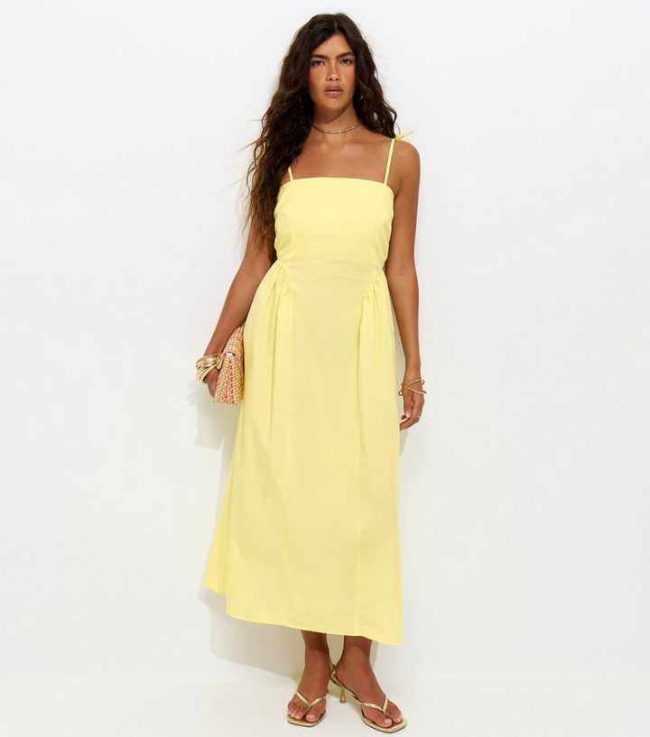 Light Yellow Godet Skirt Tie Strap Midi Dress