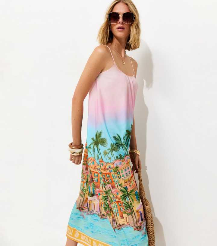 Pink Sicily Print Strapppy Midi Dress