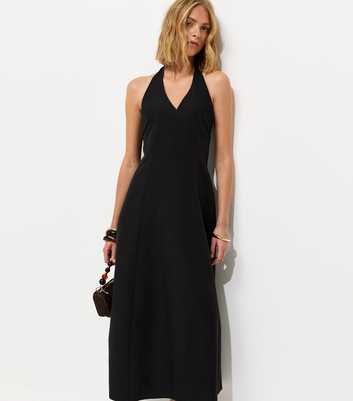 Black Halter Neck Cotton Rich Midi Dress