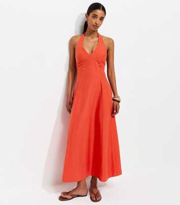Red Halter Neck Cotton Rich Midi Dress
