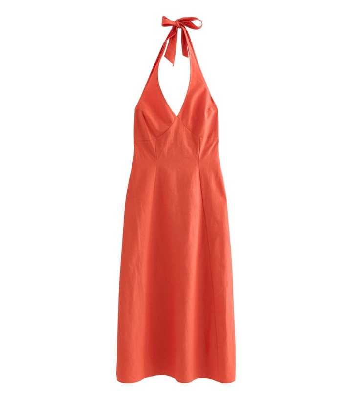 Red Halter Neck Cotton Rich Midi Dress