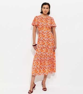 Orange Floral Print Crepe Short Sleeve Midi Dress