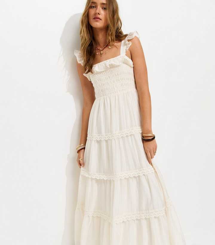 White Frilly Trimmed Shirred tiered Maxi Dress