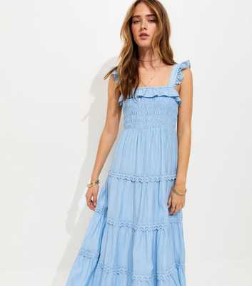 Light Blue Frilly Trimmed Shirred tiered Maxi Dress