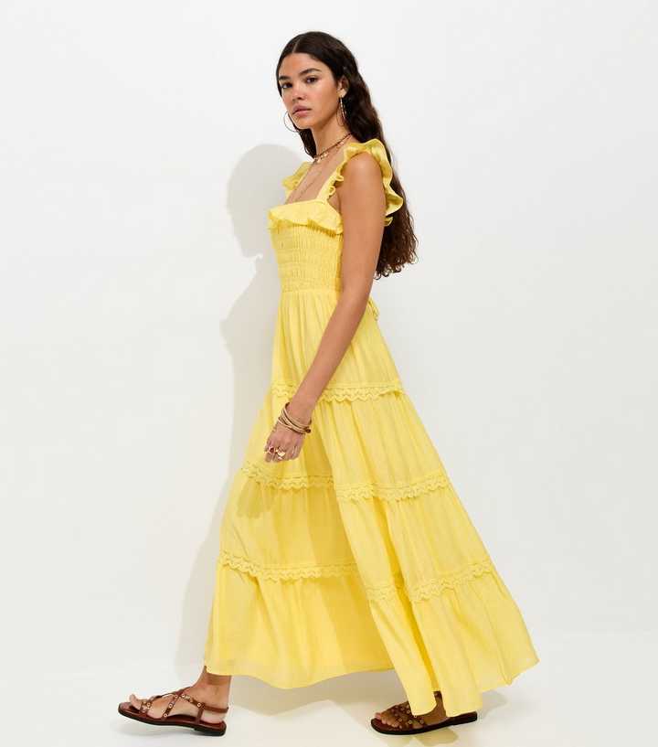 Bright Yellow Frilly Trimmed Shirred tiered Maxi Dress