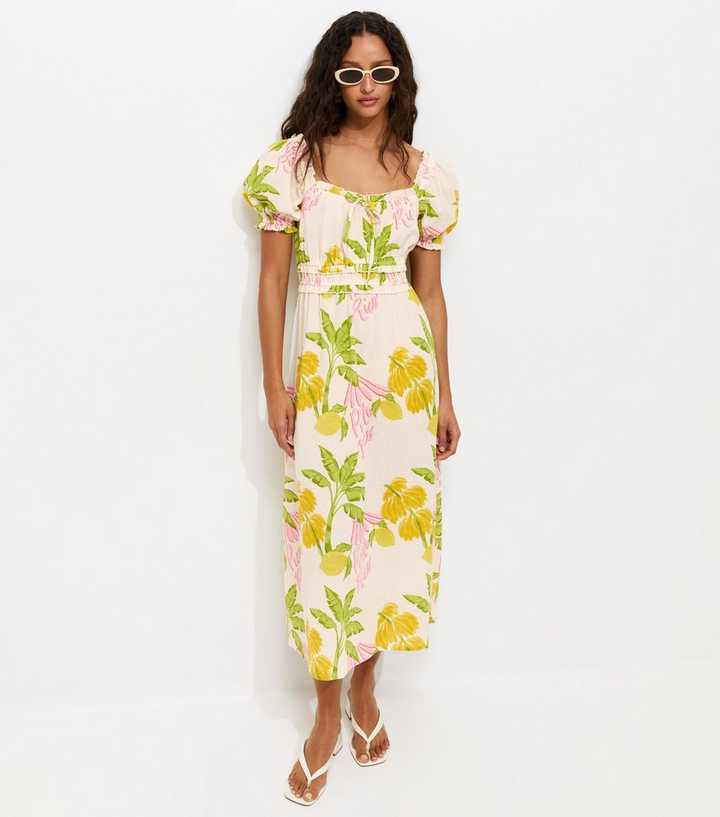 Cream Tropical Print Shirred Milkmaid Midi Dress
