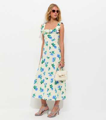 Cream Floral Ruffled Square Neck Midi Dress