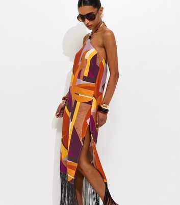 Multicoloured Geometric Print Halter Neck Midi Dress