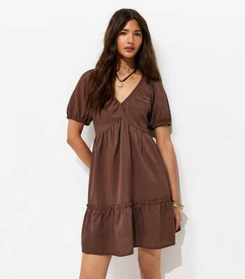 Dark Brown Textured Tiered Mini Smock Dress