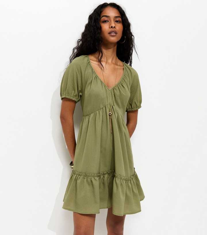 Light Khaki Textured Tiered Mini Smock Dress